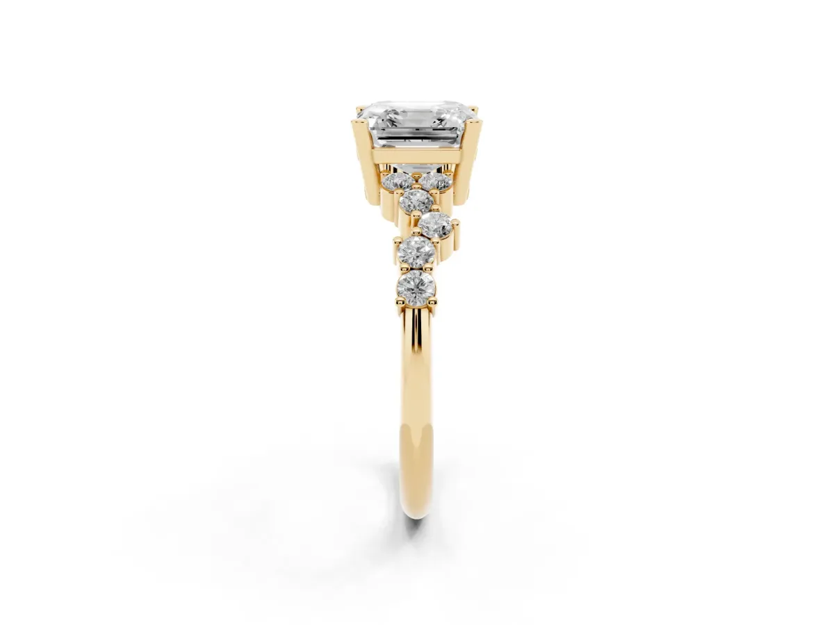 Asscher Cut Diamond Scattered Round Accent Ring with Prong Setting Yellow gold