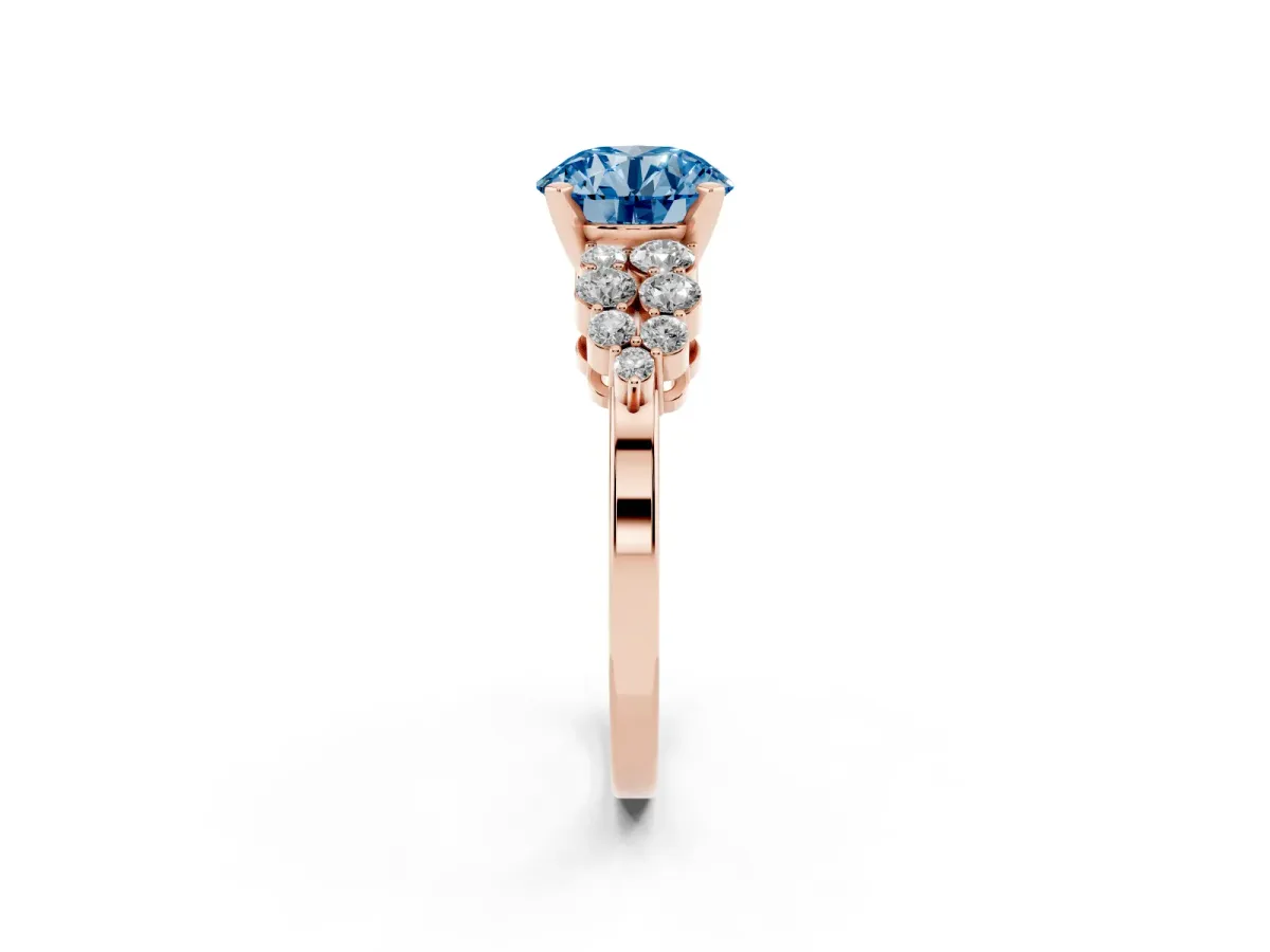 Fancy Blue Round Cut Cluster Diamond Engagement Ring with Pavé Band and Four-Prong Setting Rose gold