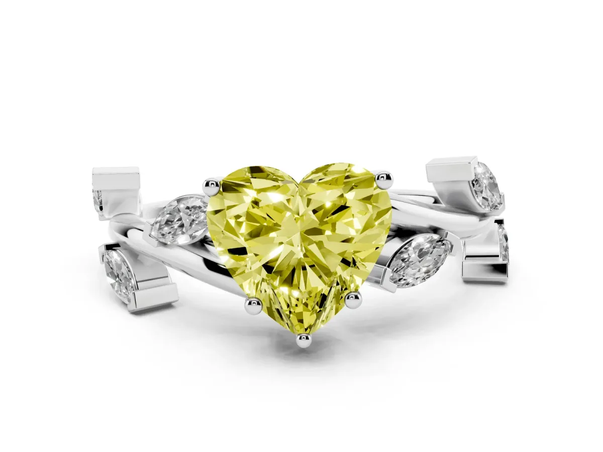 Fancy Yellow Heart Cut Solitaire Twisted Band Marquise Accent Prong Setting Ring Silver