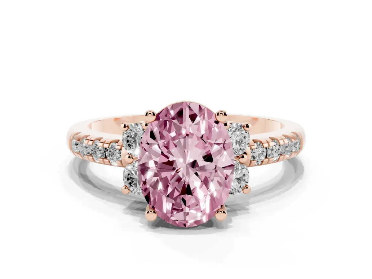 Fancy Pink Oval Cut Diamond Three-Stone Pave Band with Four-Prong Setting Rose gold