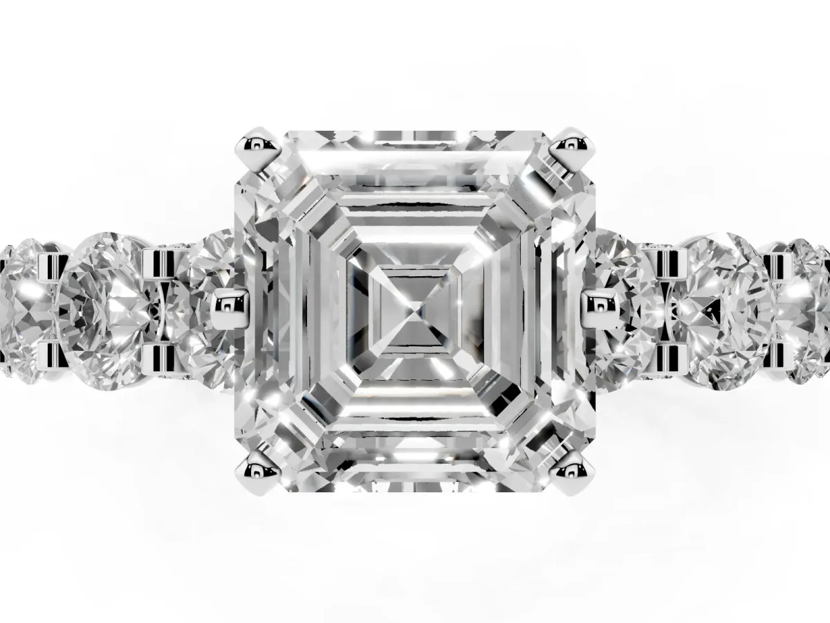 Asscher Cut Diamond Side Stone Engagement Ring with Four-Prong Setting White gold