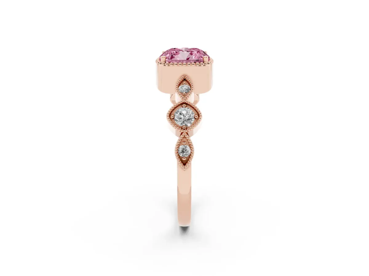 Fancy Pink Cushion Cut Diamond Vintage Milgrain Ring with Round Stations Rose gold
