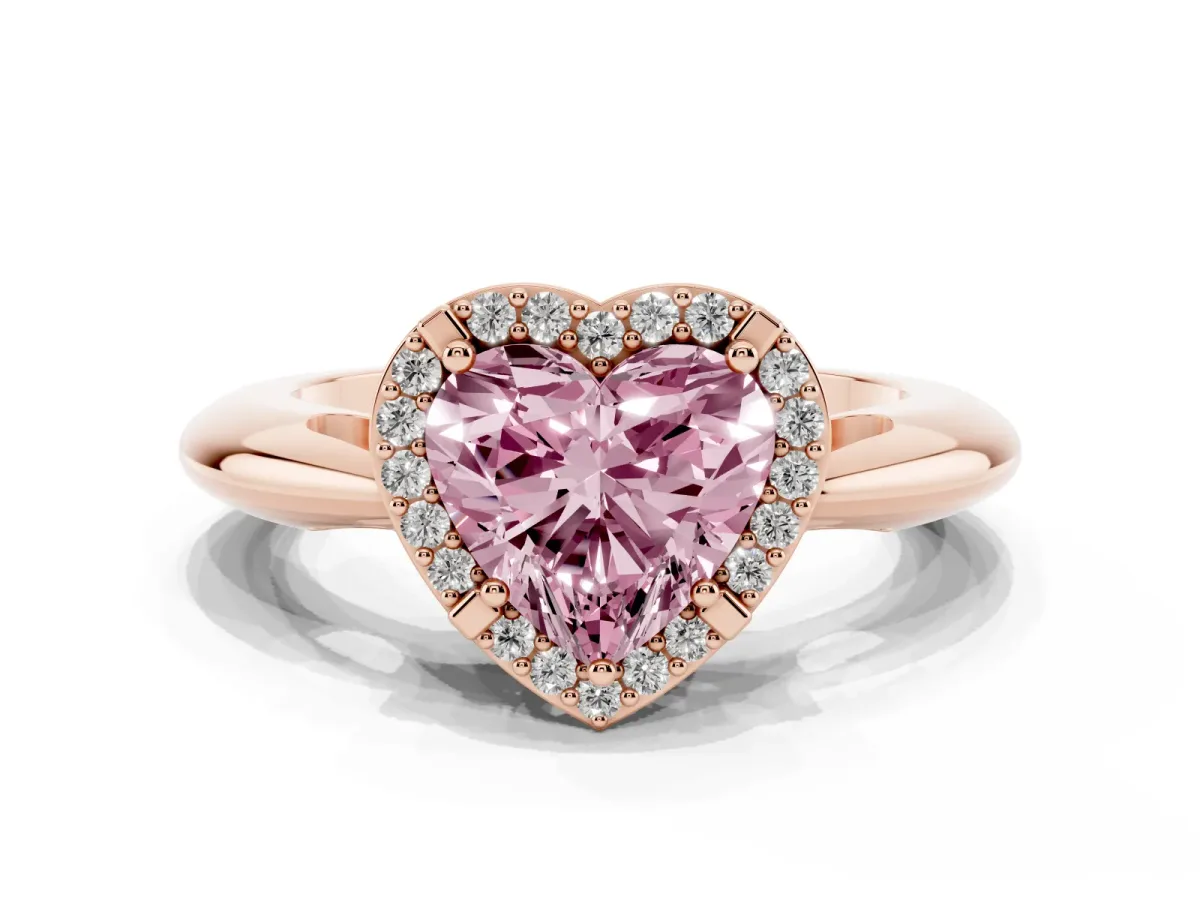 Fancy Pink Heart Cut Cut Diamond Halo Engagement Ring with Split Shank and Four-Prong Setting Rose gold
