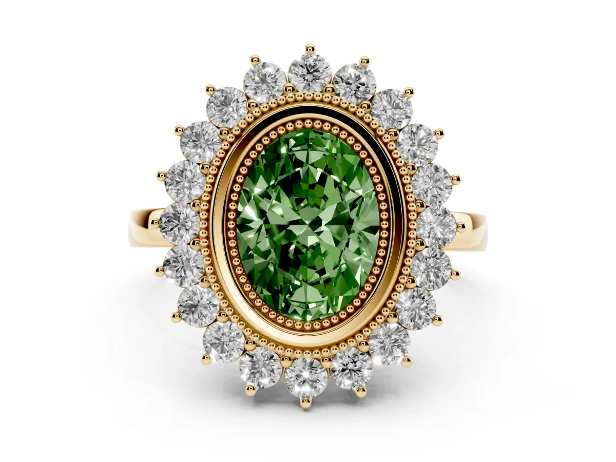Fancy Green Oval Cut Halo Diamond Ring with Milgrain Edge and Round Prong Setting Yellow gold