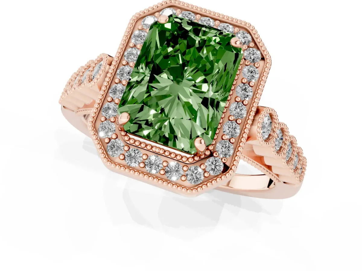 Fancy Green Radiant Cut Halo Milgrain Solitaire with Bezel Set Side Stones and Pave Band Rose gold