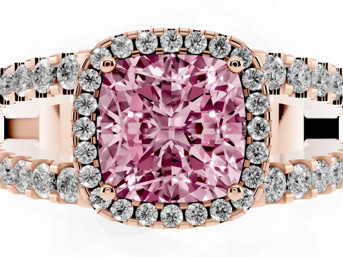 Fancy Pink Cushion Cut Cut Halo Split Shank Diamond Ring with Four-Prong Setting Rose gold