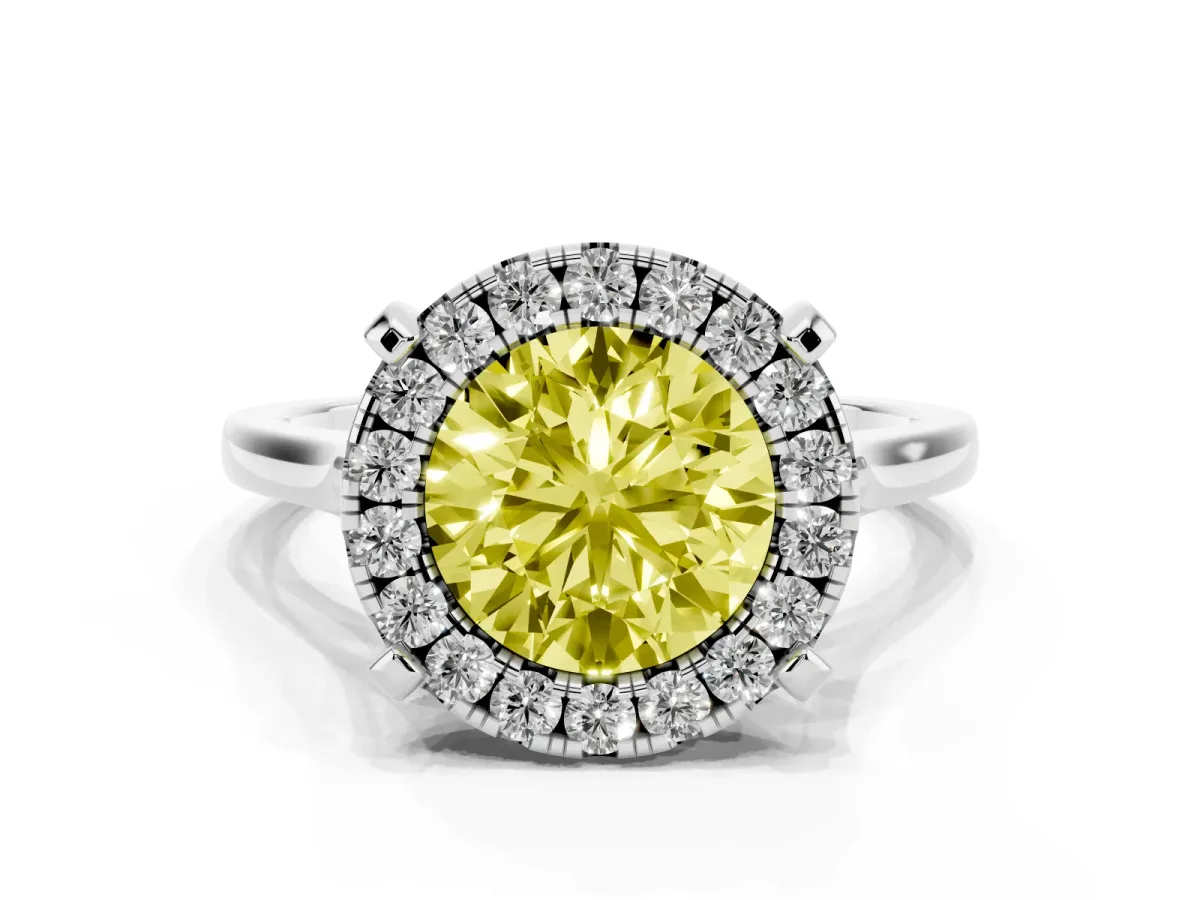Fancy Yellow Round Cut Diamond Cluster Halo Solitaire with Four-Prong Setting Platinum