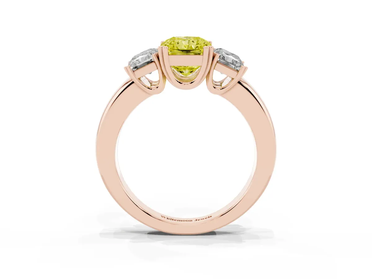 Fancy Yellow Three-Stone Radiant Cut Cut Diamond Ring with Channel Set Band and Four-Prong Setting Rose gold