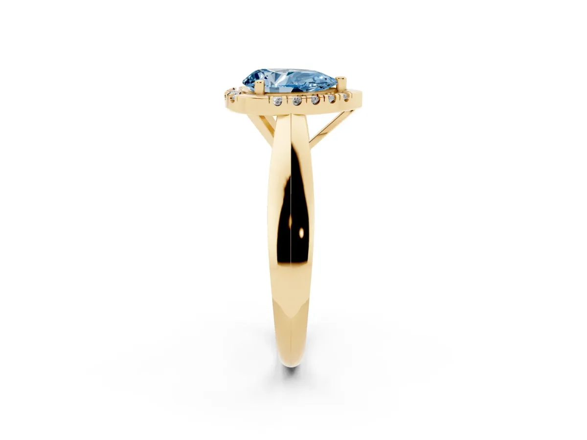 Fancy Blue Pear Cut Cut Halo Solitaire Engagement Ring with Square Band and Four-Prong Setting Yellow gold
