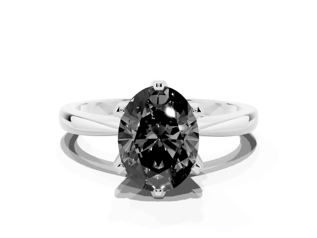 Fancy Black Oval Cut Solitaire Engagement Ring with Six-Prong Setting and Tapered Band Platinum