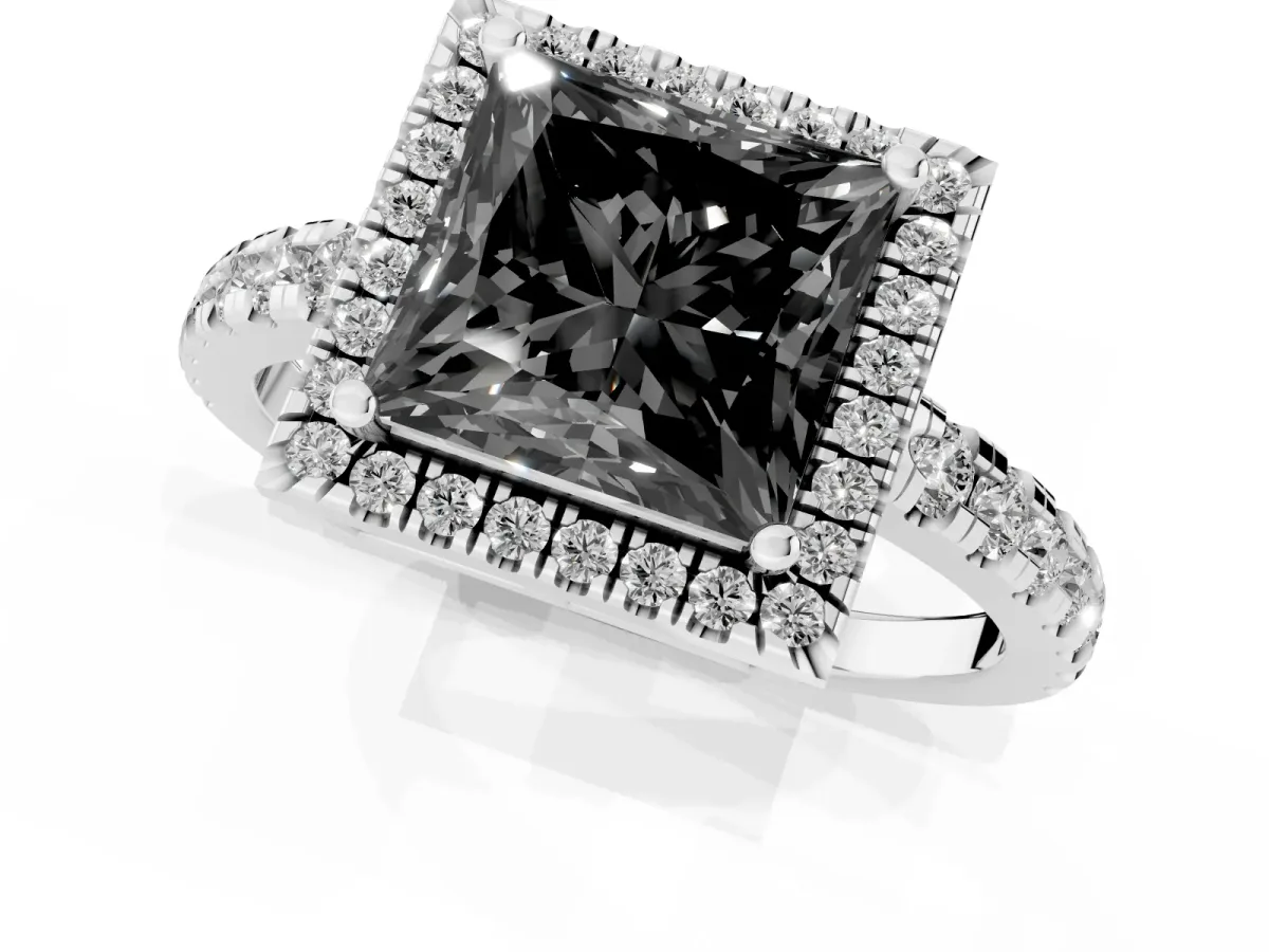Fancy Black Princess Cut Diamond Halo Ring with Pavé Band and Four-Prong Setting White gold