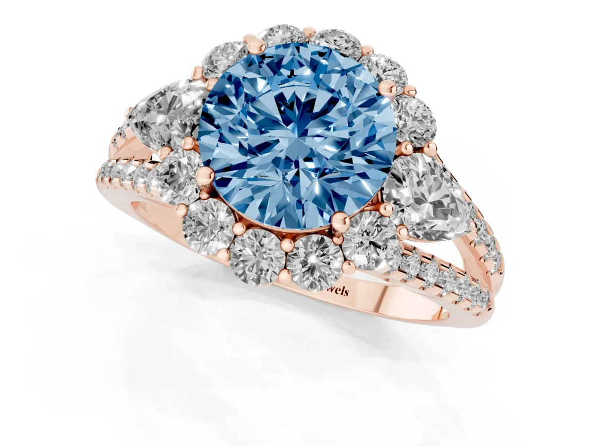 Fancy Blue Round Cut Halo Split Shank Diamond Engagement Ring with Prong Setting Rose gold