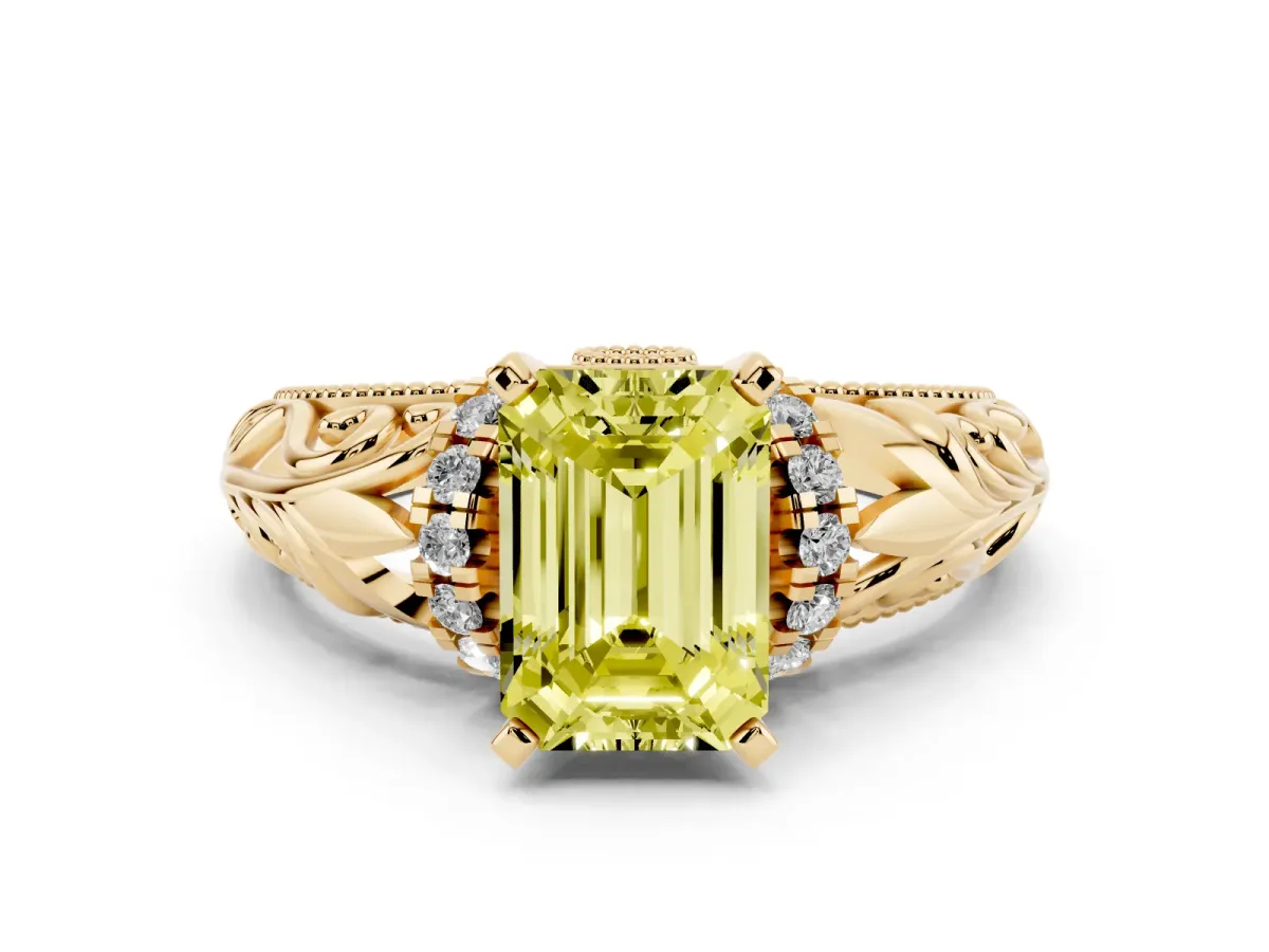 Fancy Yellow Emerald Cut Solitaire Filigree Engagement Ring with Halo and Prong Setting Yellow gold