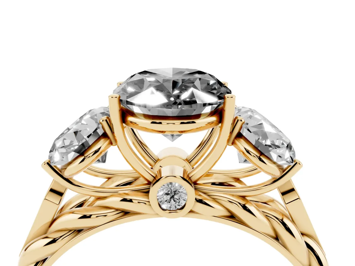 Fancy Black Three-Stone Oval Cut Diamond Braided Band Ring with Four-Prong Setting Yellow gold