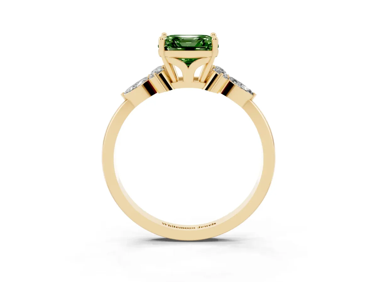 Fancy Green Asscher Cut Brilliant Diamond Solitaire Ring with Pear Side Stones and Four-Prong Setting Yellow gold
