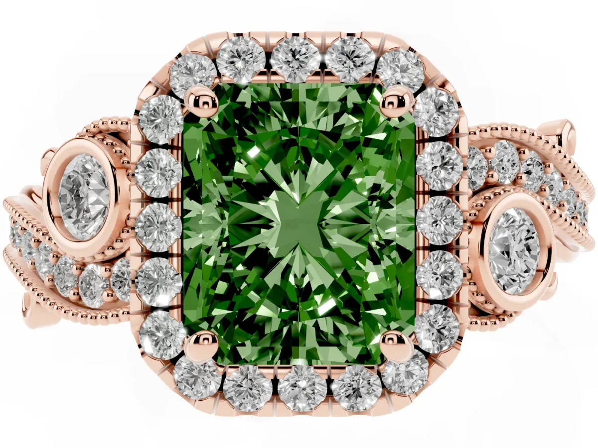 Fancy Green Radiant Cut Diamond Halo Ring with Milgrain Pavé Band and Four-Prong Setting Rose gold