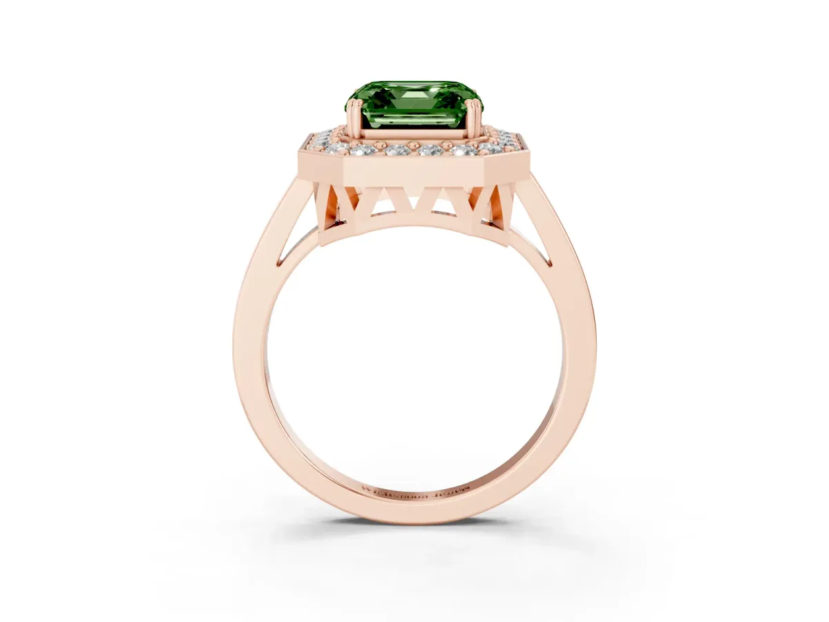 Fancy Green Asscher Cut Diamond Halo Ring with Split Shank and Four-Prong Setting Rose gold
