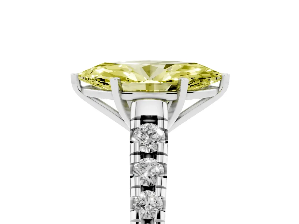 Fancy Yellow Marquise Cut Diamond Cathedral Solitaire Ring with Round Pavé Band Silver