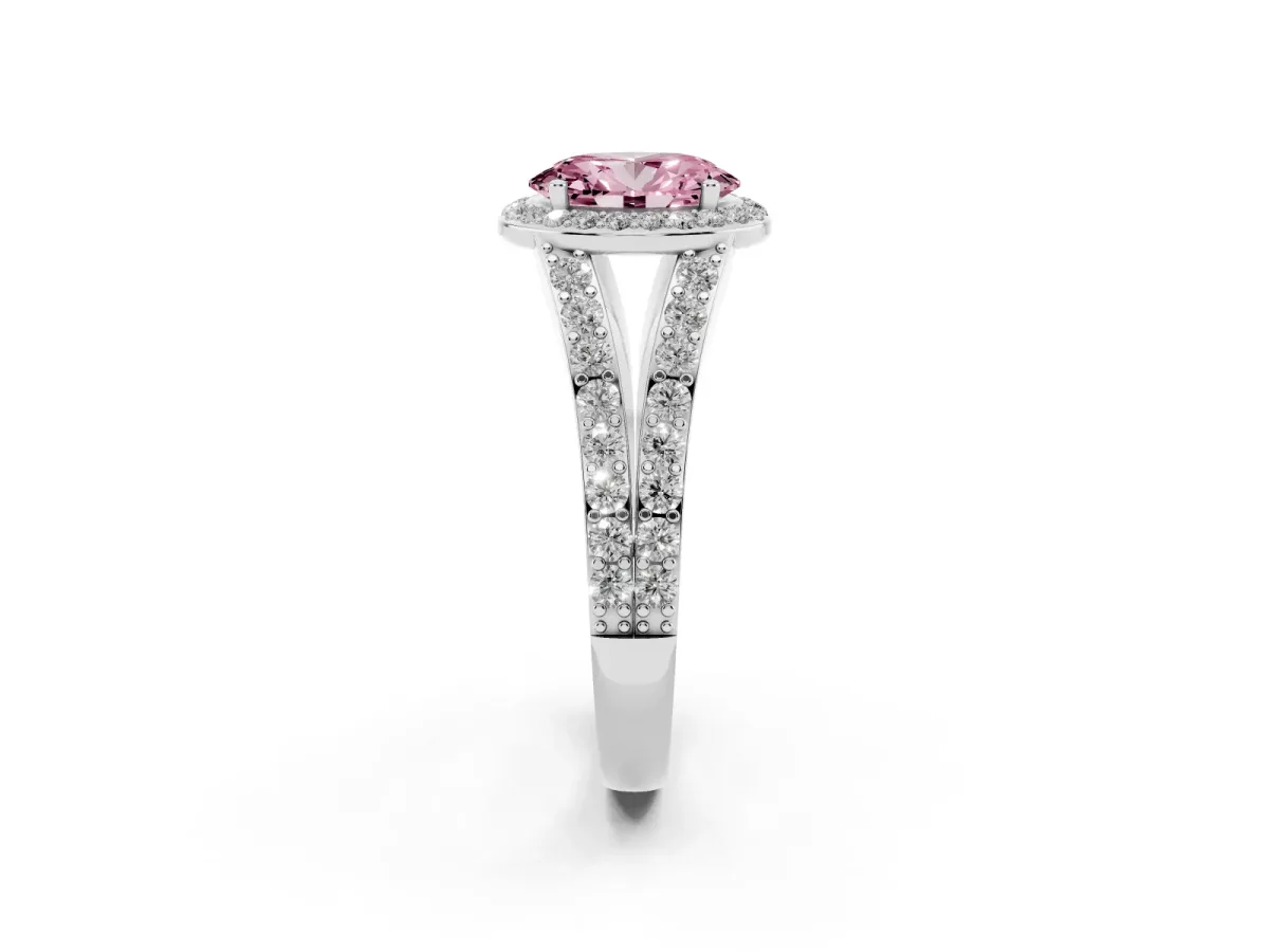 Fancy Pink Oval Cut Diamond Split Shank Halo Ring with Four-Prong Setting Platinum