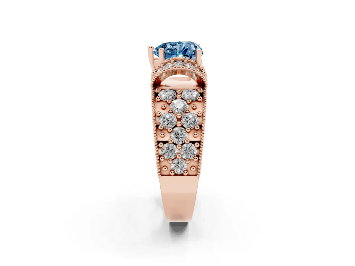 Fancy Blue Heart Cut Halo Pave Diamond Engagement Ring with Milgrain Detailing Rose gold