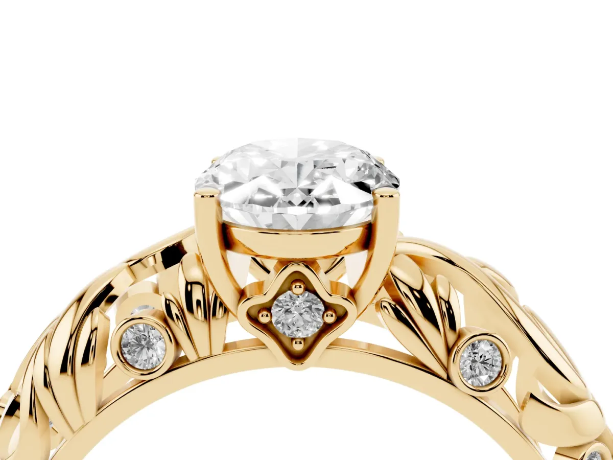 Oval Cut Solitaire Diamond Leaf-Inspired Vine Band Ring with Prong Setting Yellow gold