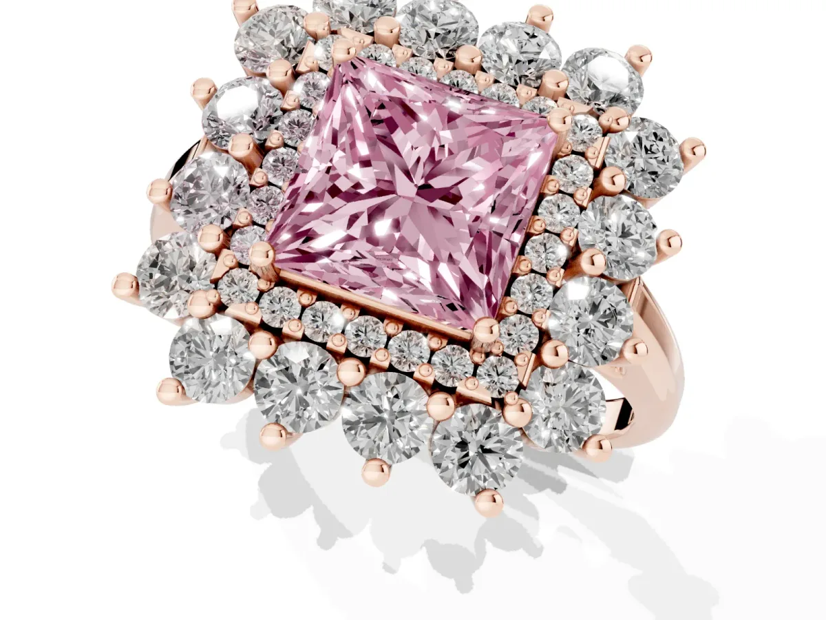 Fancy Pink Princess Cut Diamond Floral Double Halo Engagement Ring with Prong Setting Rose gold