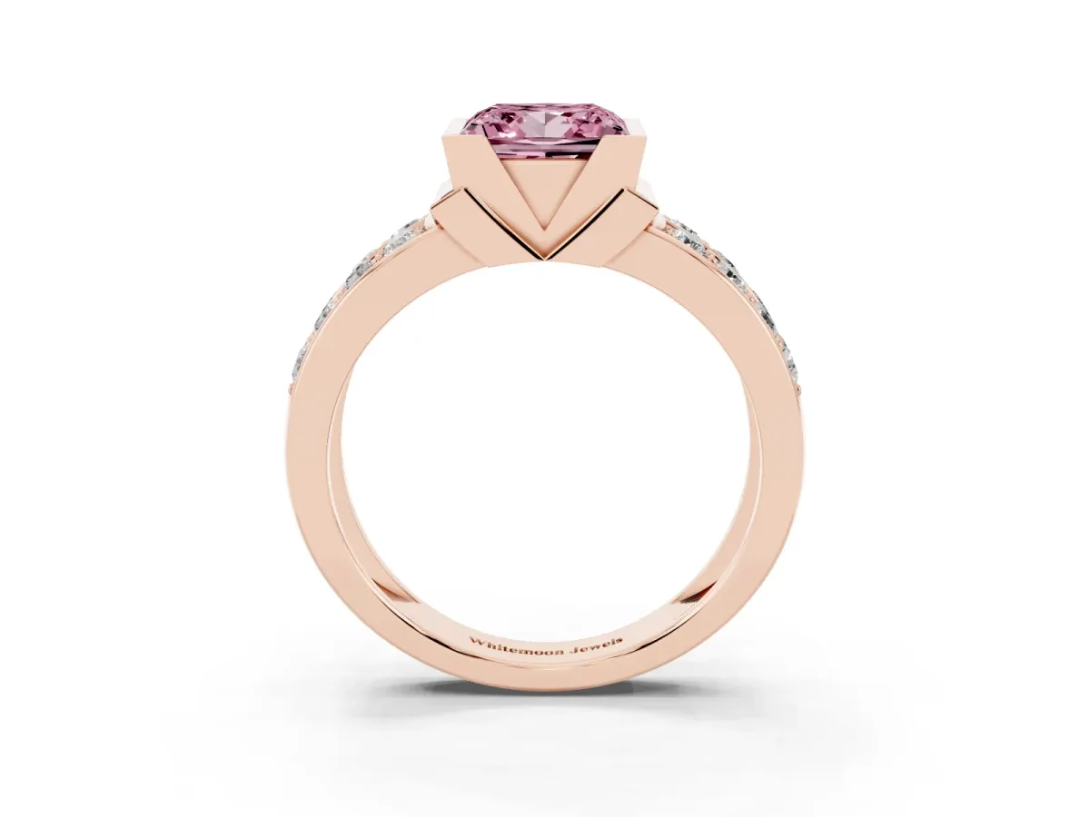 Fancy Pink Princess Cut Brilliant Diamond Channel Set Wide Band Ring with Bezel Setting Rose gold