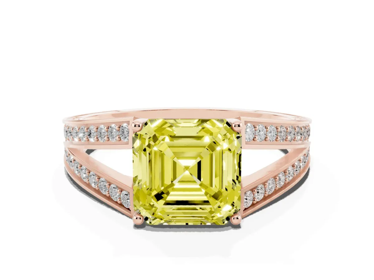 Fancy Yellow Asscher Cut Diamond Split Shank Ring with Pavé Band and Four-Prong Setting Rose gold