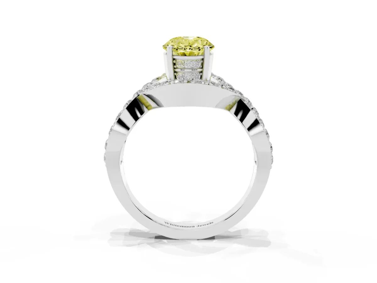 Fancy Yellow Oval Cut Solitaire Twist Band Pavé Diamond Engagement Ring Silver