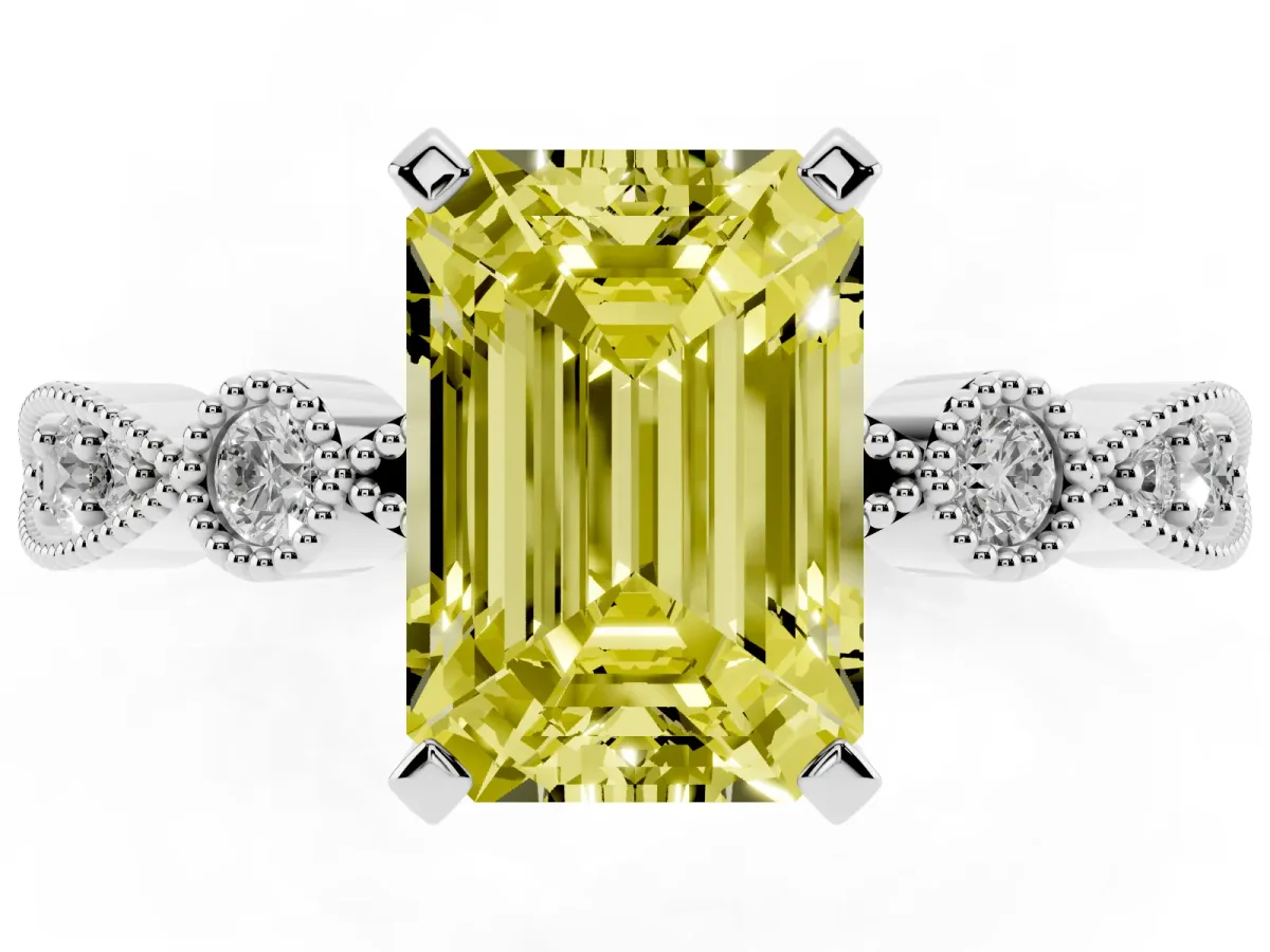 Fancy Yellow Emerald Cut Milgrain Bezel Diamond Engagement Ring with Solitaire Prong Setting Platinum