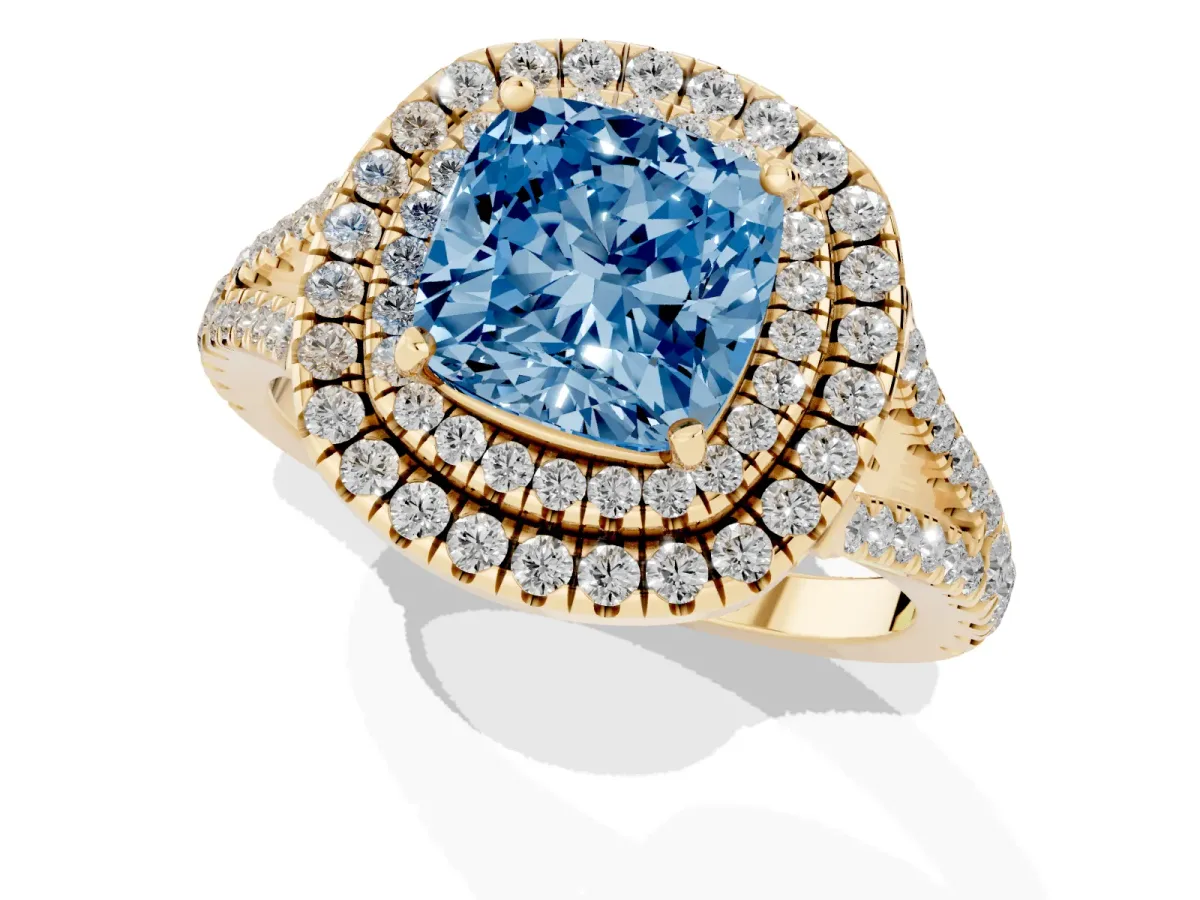 Fancy Blue Cushion Cut Diamond Double Halo Ring with Pavé Band and Prong Setting Yellow gold