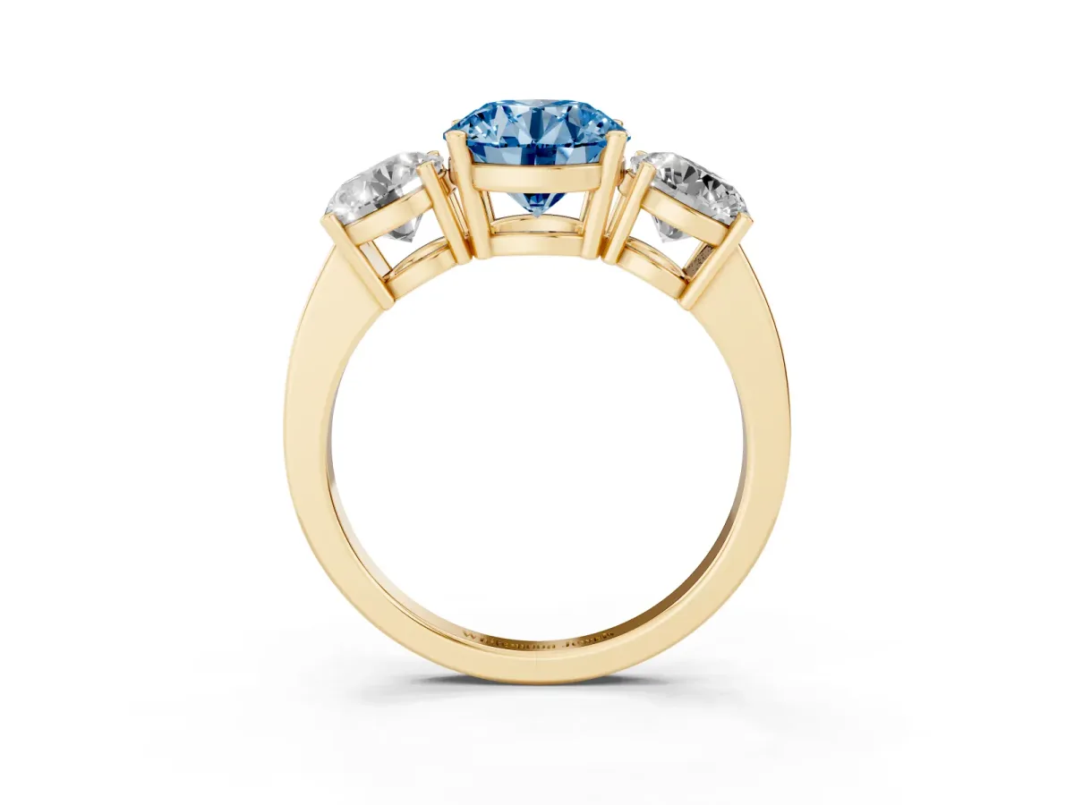 Fancy Blue Three-Stone Round Cut Cut Diamond Engagement Ring with Flat Band and Four-Prong Setting Yellow gold