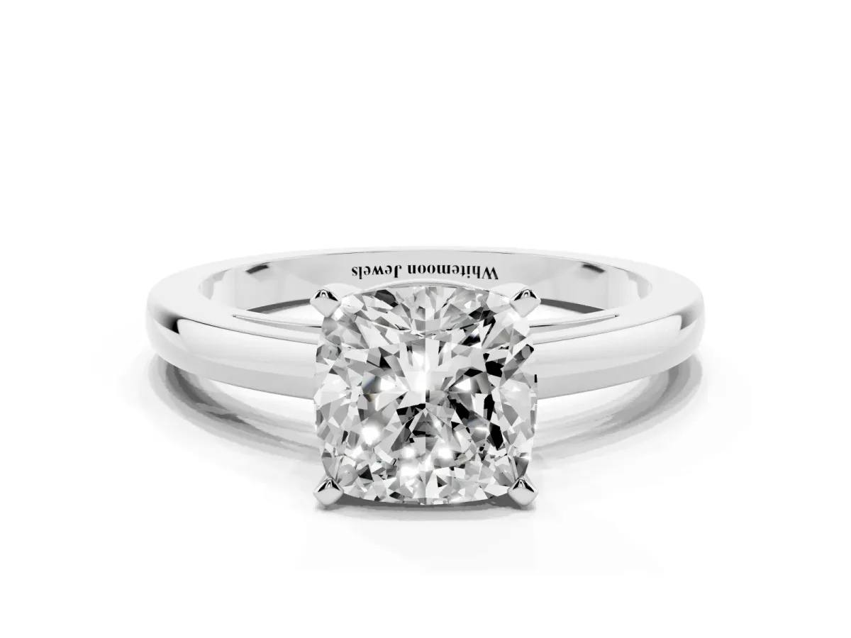 Cushion Cut Solitaire Diamond Engagement Ring with Four-Prong Setting on a Classic Band Silver