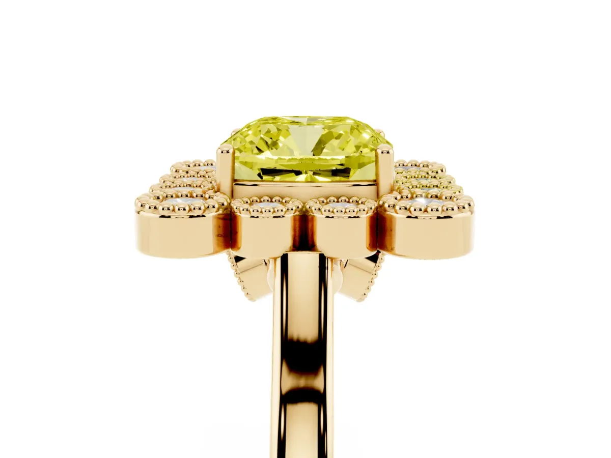 Fancy Yellow Cushion Cut Halo Diamond Cluster Engagement Ring with Milgrain Bezel Setting and Solitaire Band Yellow gold