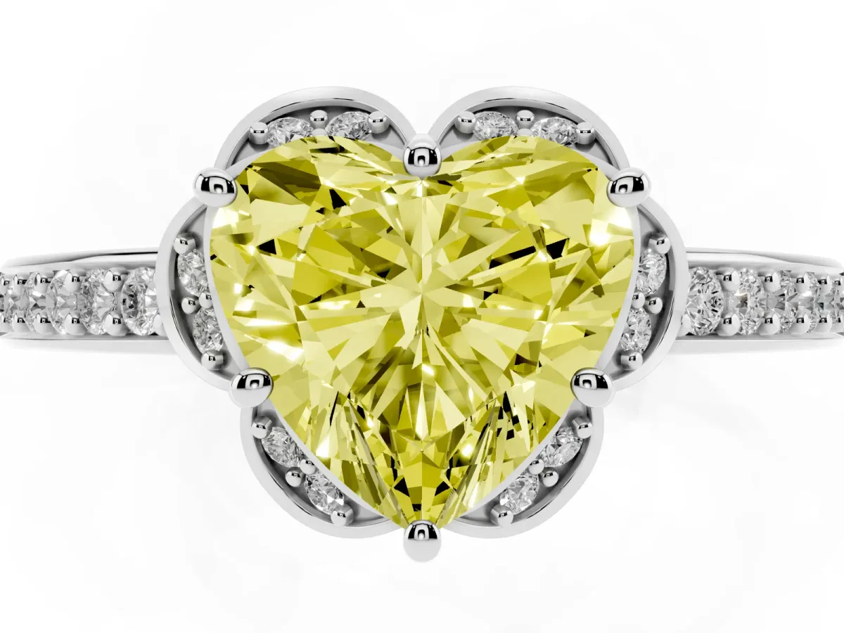 Fancy Yellow Heart Cut Cut Halo Diamond Ring with Channel Set Band and Four-Prong Setting White gold