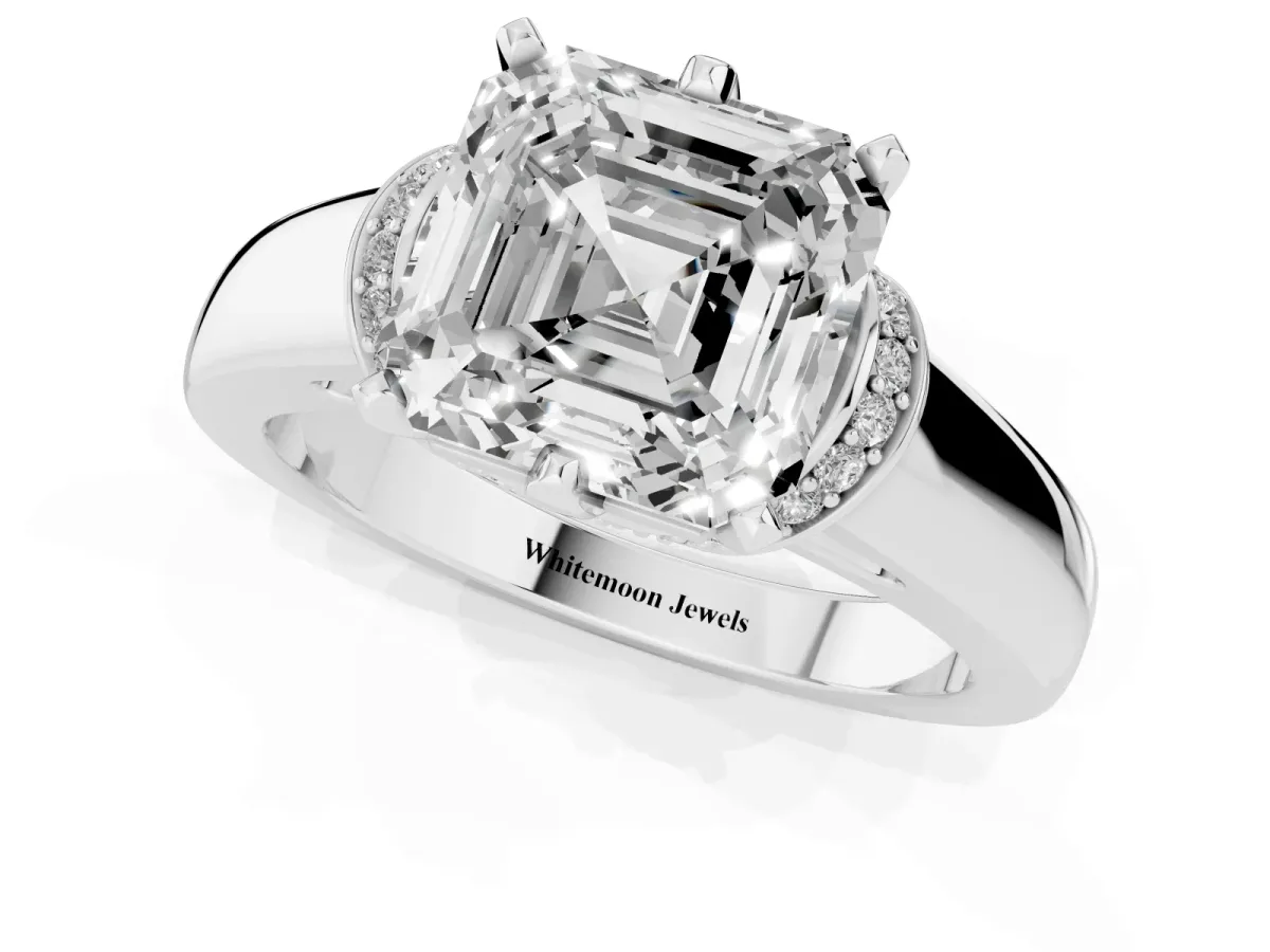 Asscher Cut Solitaire Diamond Ring with Pave Band and Six-Prong Setting Silver