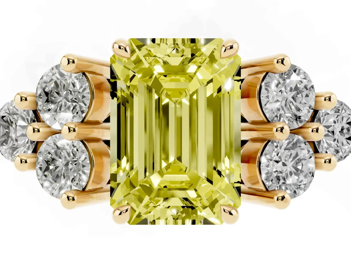 Fancy Yellow Emerald Cut Brilliant Diamond Cluster Accent Solitaire Ring with Prong Setting Yellow gold