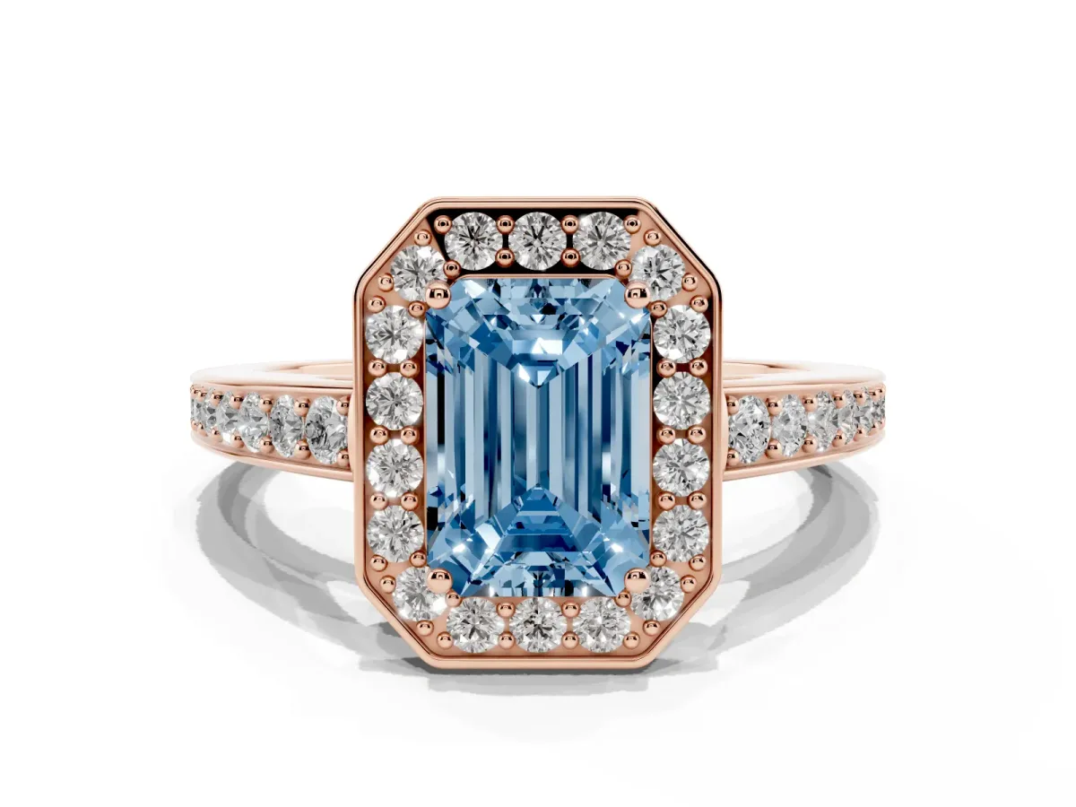 Fancy Blue Emerald Cut Halo Pavé Diamond Engagement Ring with Bezel Setting Rose gold