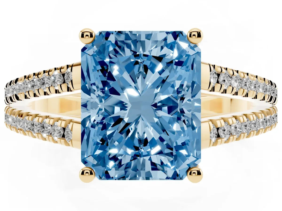 Fancy Blue Radiant Cut Diamond Solitaire Engagement Ring with Split Shank Pavé Band Yellow gold