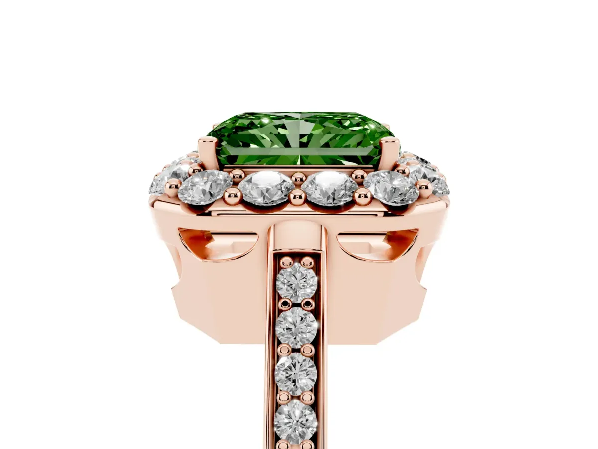 Fancy Green Radiant Cut Diamond Floral Halo Ring with Pavé Band and Prong Setting Rose gold