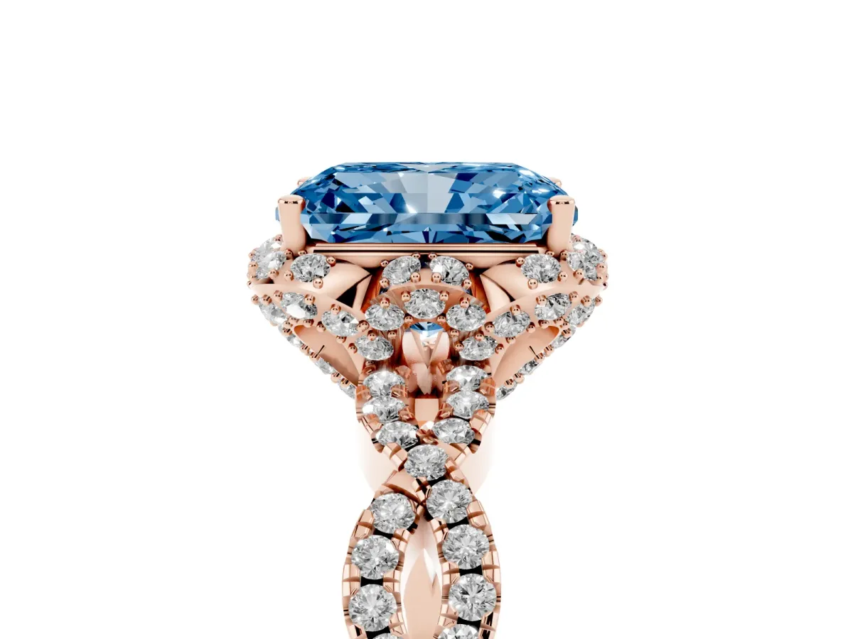 Fancy Blue Radiant Cut Halo Twist Band Solitaire Ring with Six-Prong Setting Rose gold