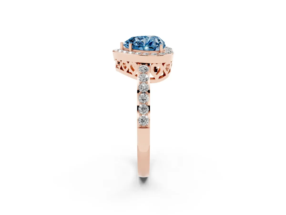 Fancy Blue Heart Cut Halo Diamond Pavé Band Ring with Prong Setting Rose gold