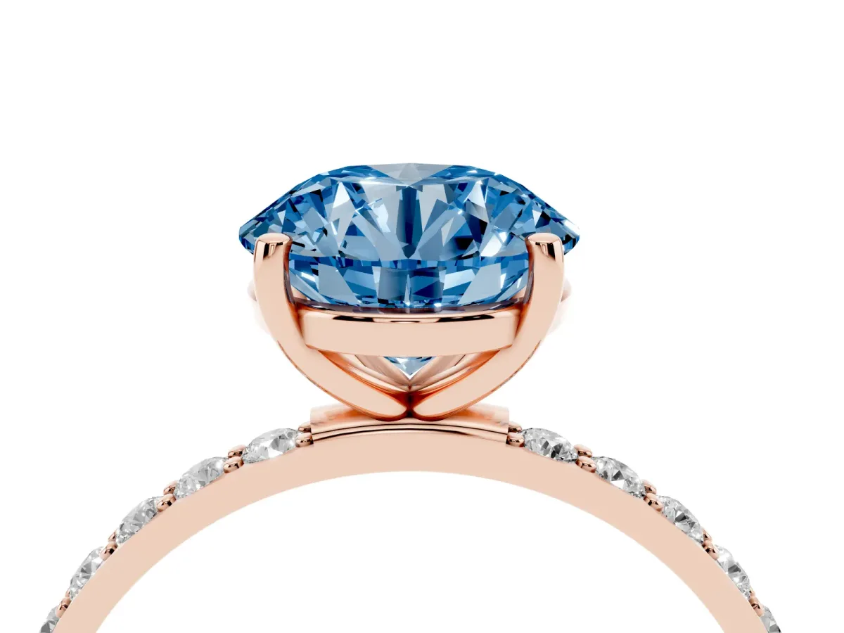 Fancy Blue Round Cut Diamond Solitaire Ring with Round Pavé Shoulders and Prong Setting Rose gold