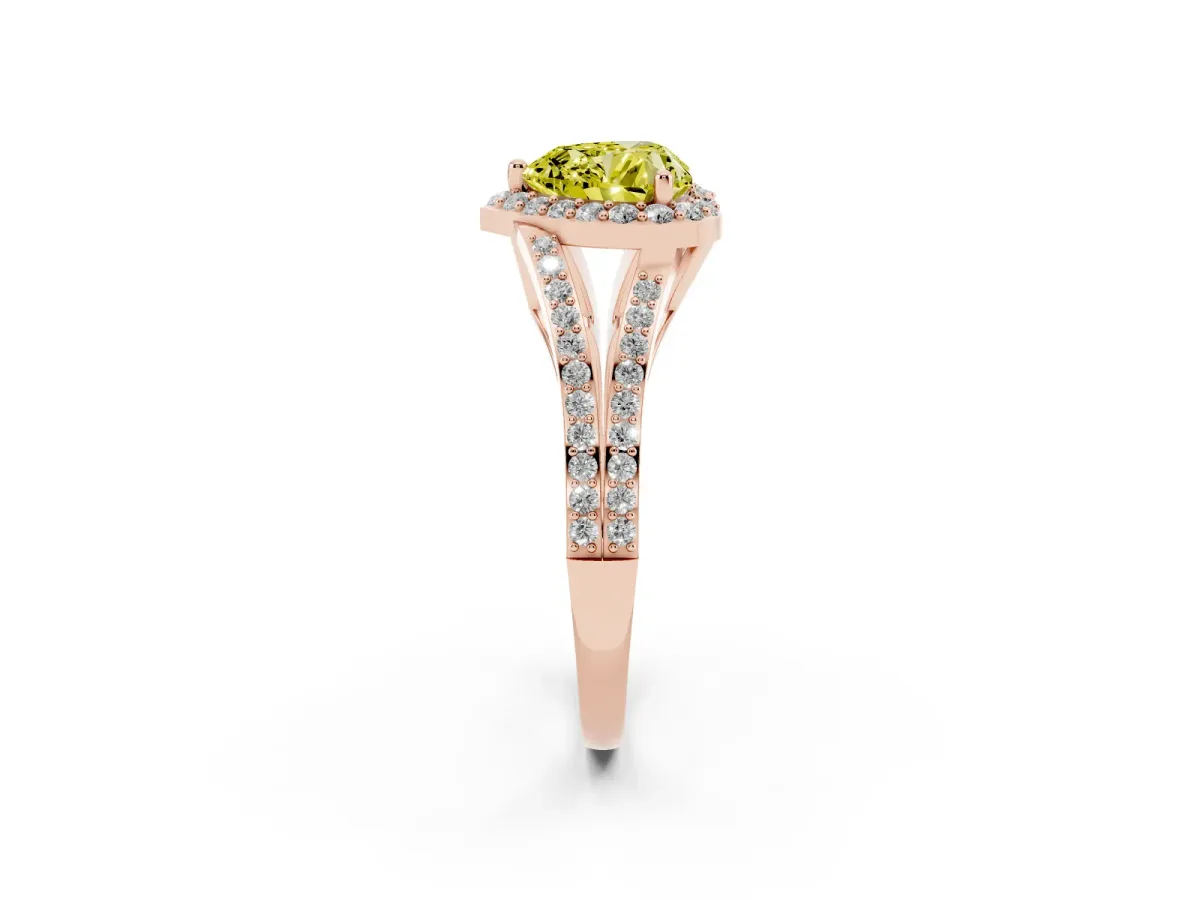 Fancy Yellow Heart Cut Halo Split Shank Diamond Ring with Prong Setting Rose gold
