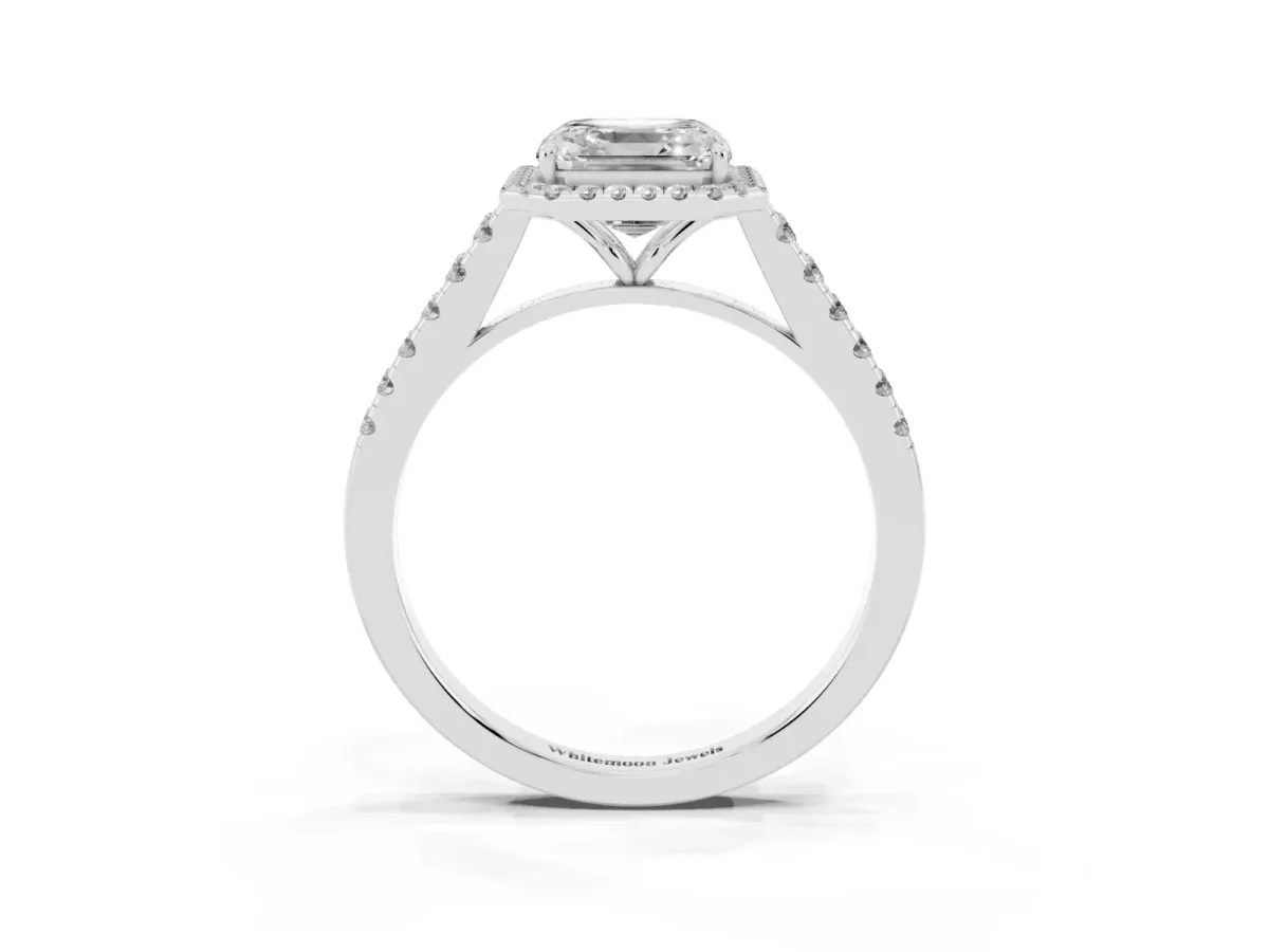 Asscher Cut Halo Pave Diamond Engagement Ring with Four-Prong Setting Silver
