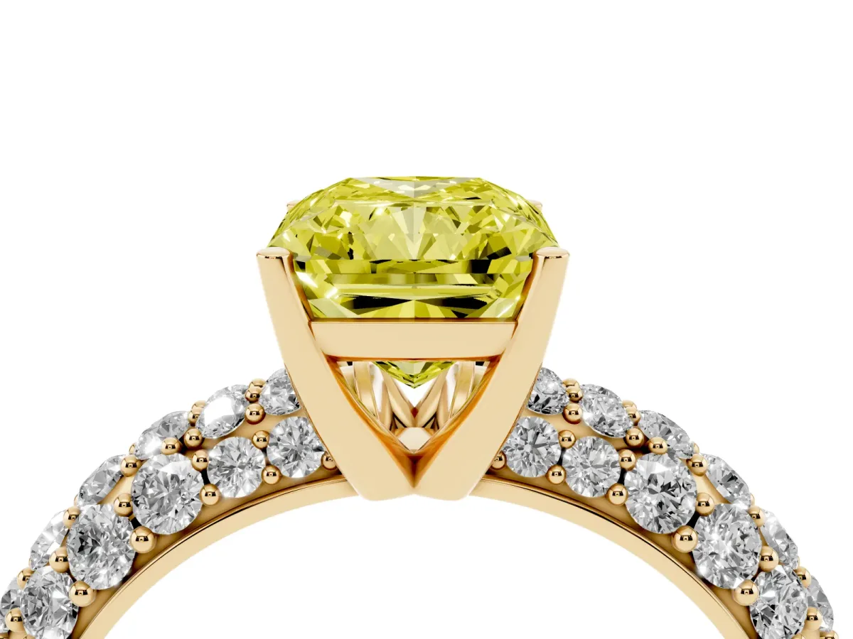 Fancy Yellow Radiant Cut Diamond Pavé Band Solitaire Ring with Four-Prong Setting Yellow gold