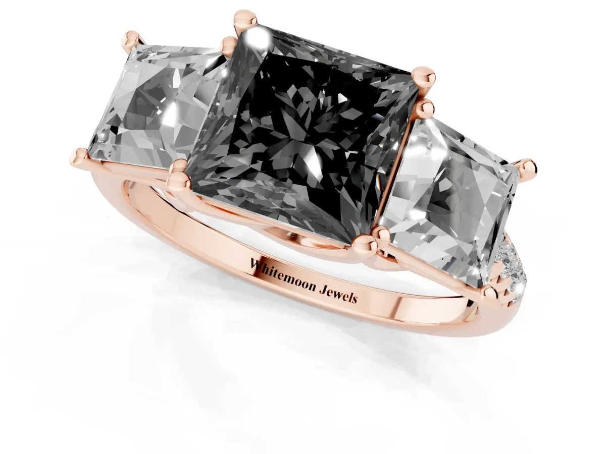 Fancy Black Three-Stone Princess Cut Diamond Ring with Round Pavé Band and Prong Setting Rose gold