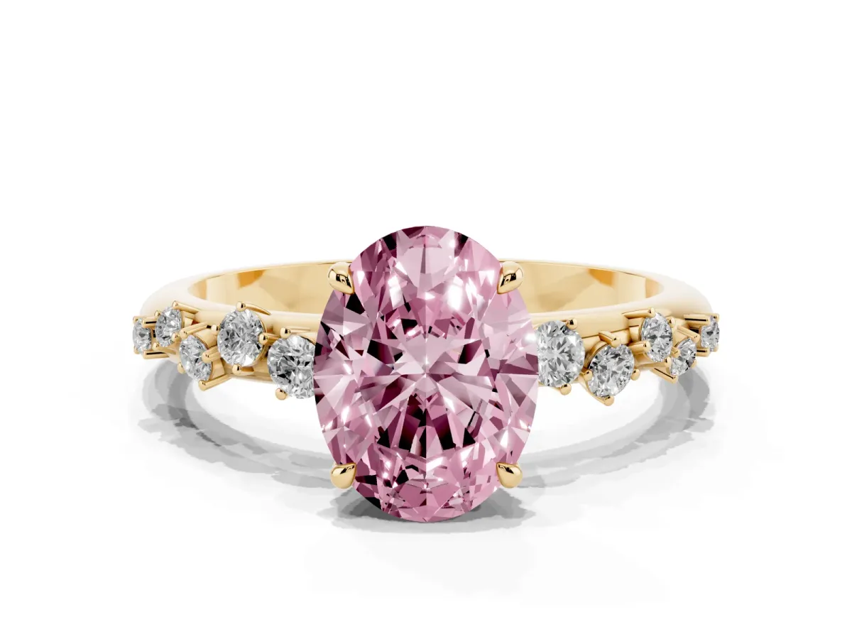Fancy Pink Oval Cut Diamond Cluster Prong-Set Solitaire Ring Yellow gold