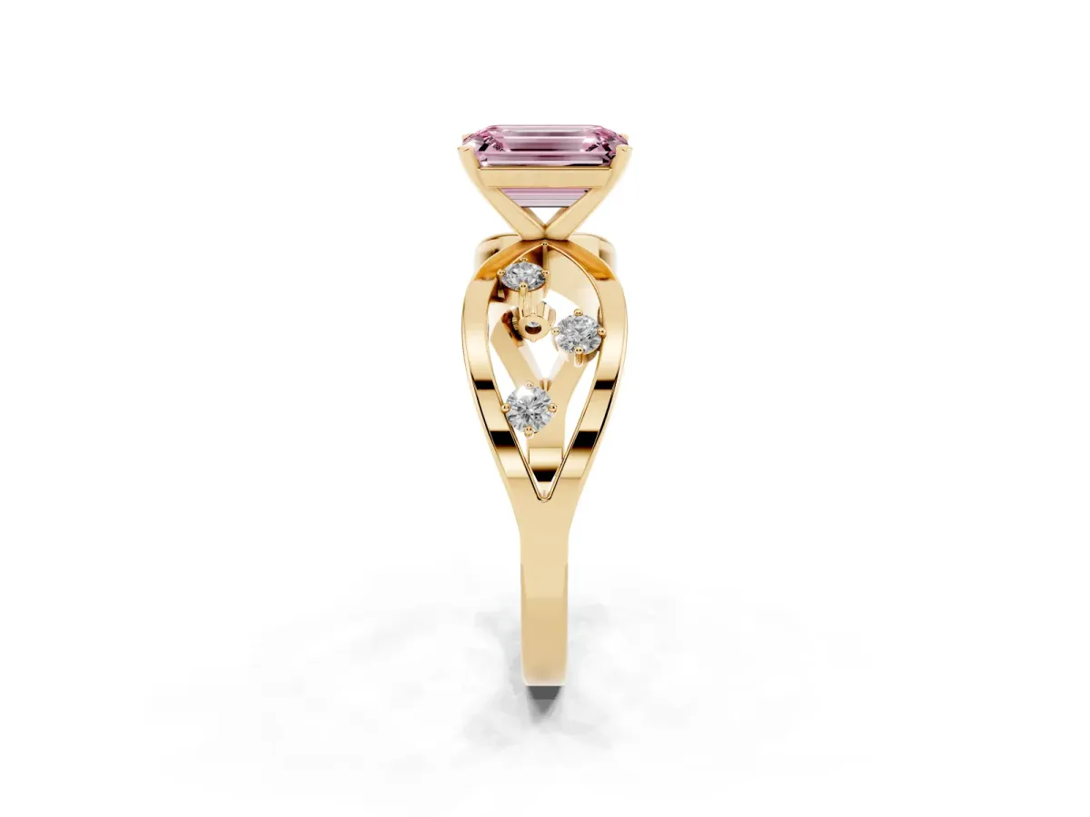 Fancy Pink Emerald Cut Cut Solitaire Diamond with Side Stones on Criss-Cross Band and Four-Prong Setting Yellow gold