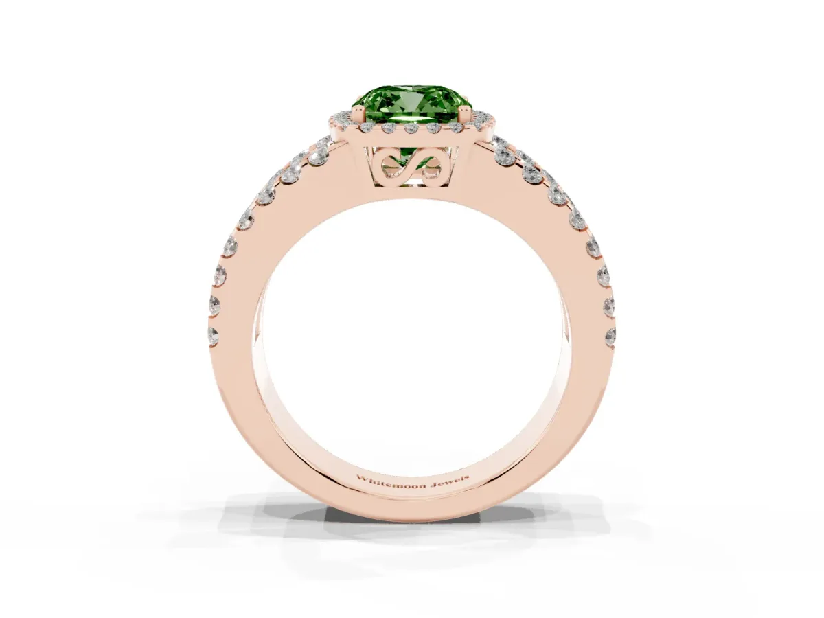 Fancy Green Cushion Cut Cut Halo Split Shank Diamond Ring with Four-Prong Setting Rose gold